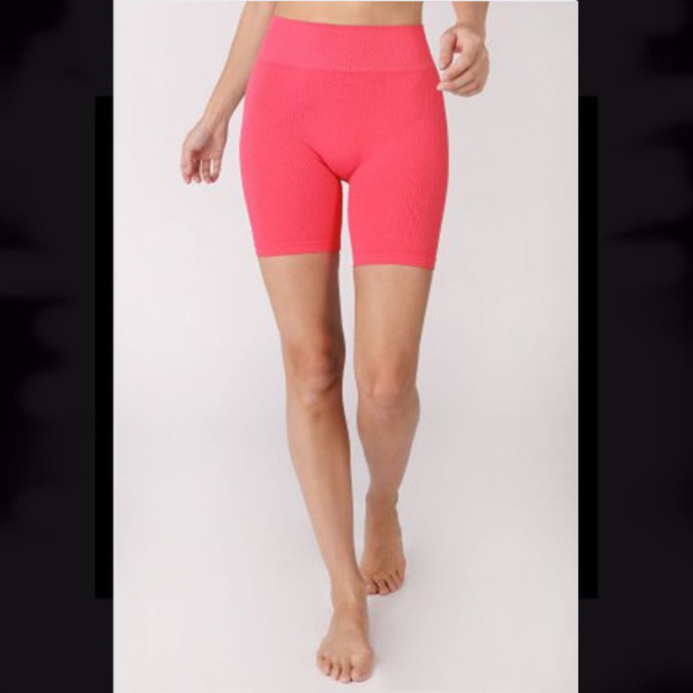 High Waisted Hot Pink Biker Shorts with Ribbing